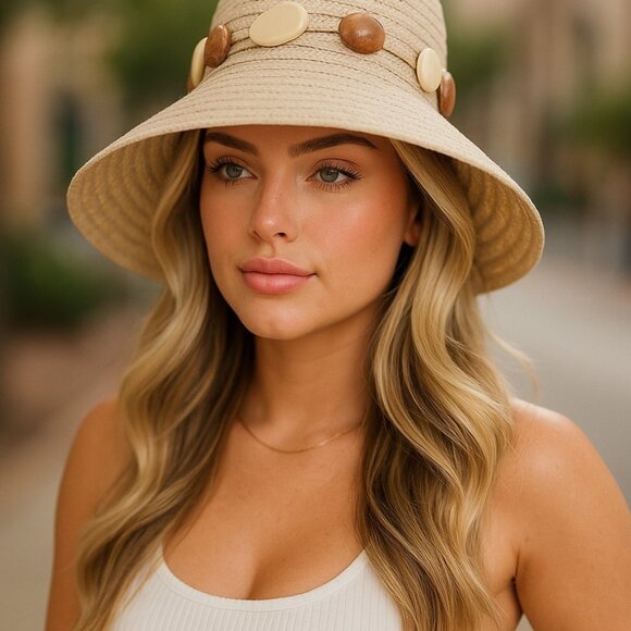 VINTAGE FRED BARE LONDON Straw Floppy Hat Wide Brim Craft Buttons Boho Hippie - Picture 16 of 16